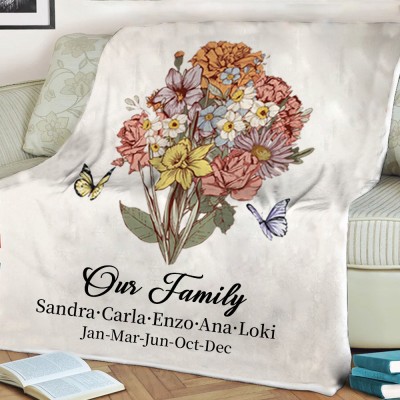 Personalized Birth Flower Bouquet Blanket With Kids Names For Christmas Family Gift Ideas