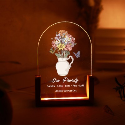 Custom Birth Flower Bouquet Acrylic Led Night Light For Mom Grandma Christmas Gift