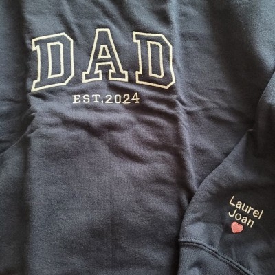 Custom Dad Embroidered Sweatshirt Hoodie With Kids Name On Sleeve For Father's Day Gift