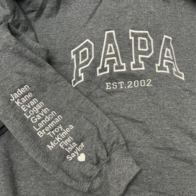 Custom Papa Embroidered Sweatshirt Hoodie With Kids Name On Sleeve For Father's Day Gift