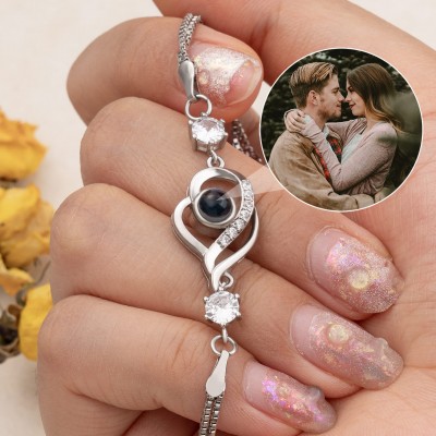 Personalized Heart Memorial Photo Projection Bracelet With Picture Inside For Couple