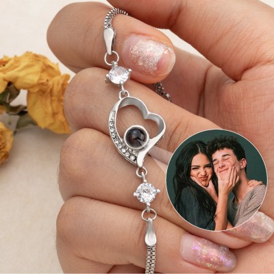 Personalized Heart Memorial Photo Projection Bracelet With Picture Inside For Couple