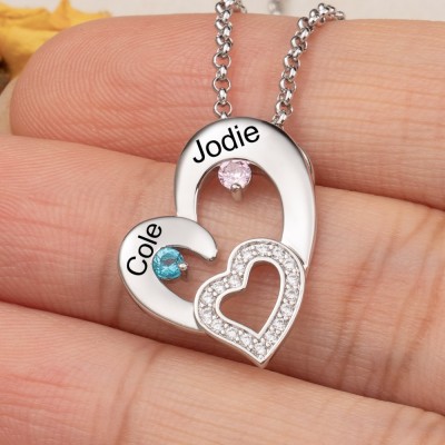 Personalized Heart Promise Name Necklace with Birthstones For Girlfriend Valentine's Day Gifts