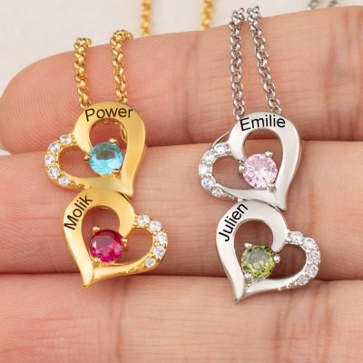 Couple 2 Matching Heart Necklace with Custom Birthstones and Names Gifts For Soulmate