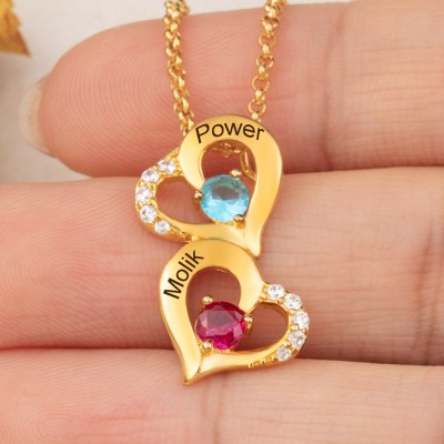 Personalized Lover's Birthstone Matching Necklace with 2 Heart Pendents Gifts For Her