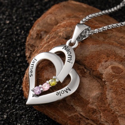 Custom Heart Birthstone Necklace With Kids Names For Grandma Mom Mother's Day Gift