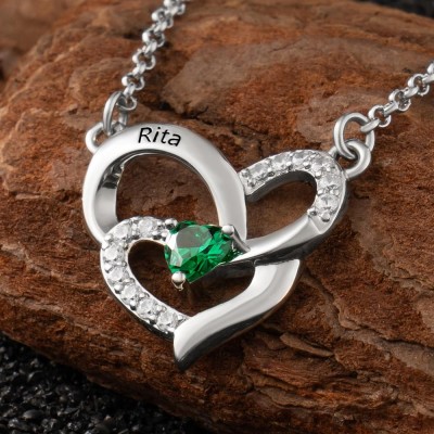 Custom Double Heart Necklace With Her Name and Birthstone For Wife Girlfriend Valentine's Day