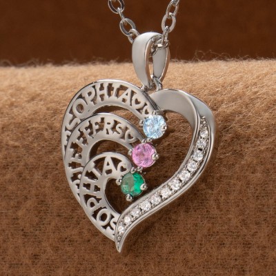 Custom Heart Necklace with Names and Birthstones For Mom