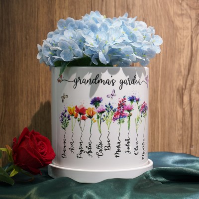 Custom Grandma's Garden Birth Flower Pot with Grandchildren Name For Christmas Gift Ideas