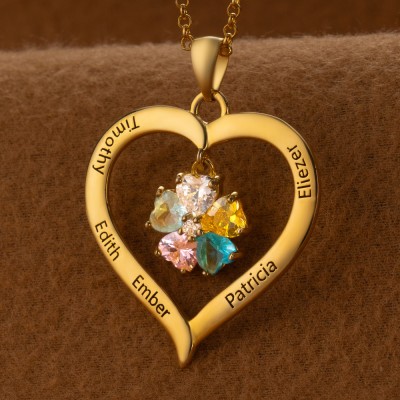 Personalized Family Heart Name Necklace with Birthstones Mother's Day Gift