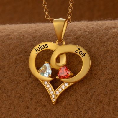 Custom Couple Names Heart Necklace With Birthstones Valentine's Day Gifts