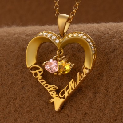 Custom Heart Necklaces With 2 Names and Birthstones For Soulmate Girlfriend Valentine's Day