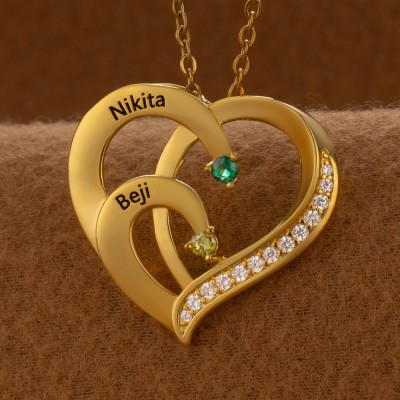 Custom Couple Names Heart Necklace With Birthstones Valentine's Day Gifts