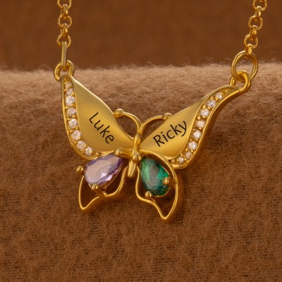 Custom Butterfly Names Heart Necklace With Birthstones Valentine's Day Gifts