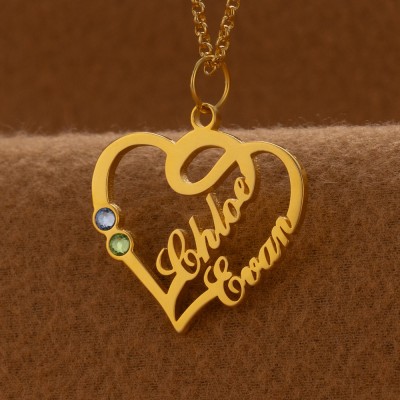 Custom Couple Names Heart Necklace With Birthstones Valentine's Day Gifts