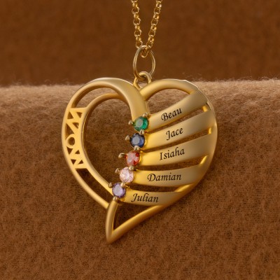 Personalized Heart Mom Necklace with Kids Names and Birthstone For Mother's Day