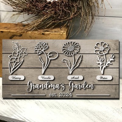 Personalized Grandma's Garden Birth Flower Wood Sign Home Art Decor For Grandma Mom Christmas Gift