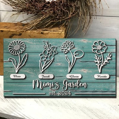 Custom Mimi's Garden Birth Flower Wood Sign Home Art Decor For Grandma Mom Christmas Gift