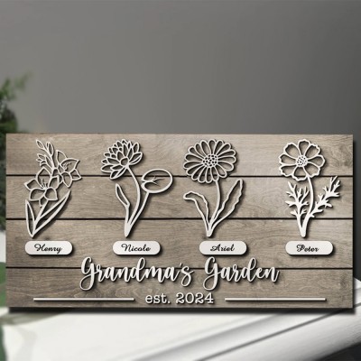 Personalized Grandma's Garden Birth Flower Wood Sign Home Art Decor For Grandma Mom Christmas Gift