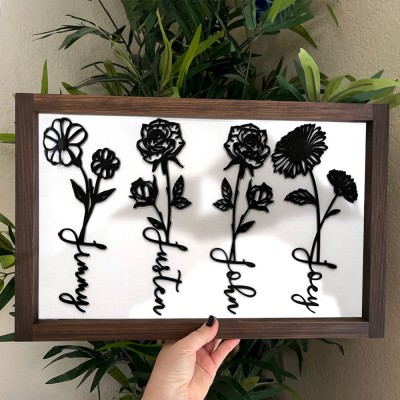 Custom Birth Flower Frame With Kids Name Home Art Decor For Grandma Mom Christmas Gift