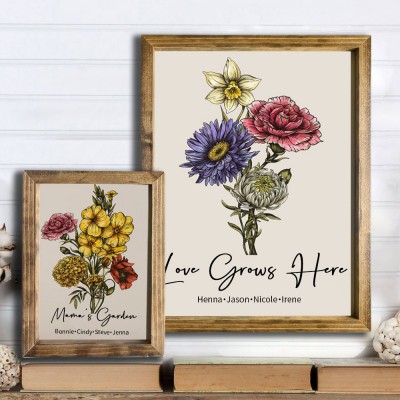 Custom Birth Flower Bouquet Frame with Kids Names For Mom Grandma Family Christmas Gift