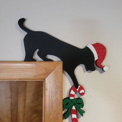 Dog with Christmas Candy Cane Door Corner Sign Holiday Decoration