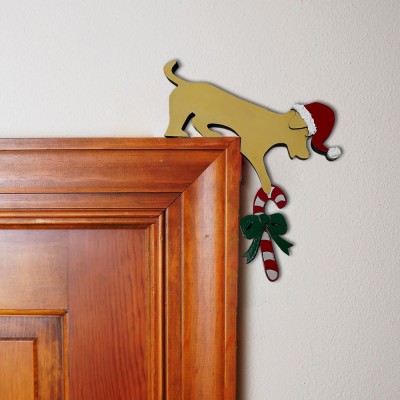 Dog with Christmas Candy Cane Door Corner Sign Holiday Decoration