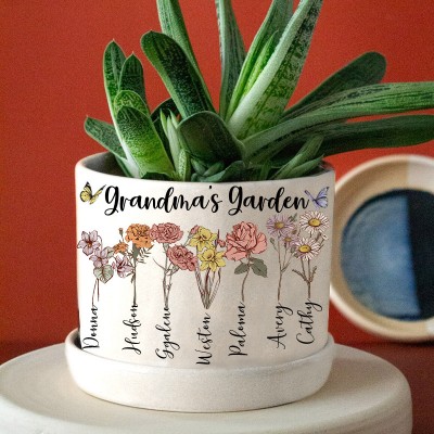 Personalized Grandma's Garden Birth Flower Pot with Grandchildren Name For Christmas Gift Ideas